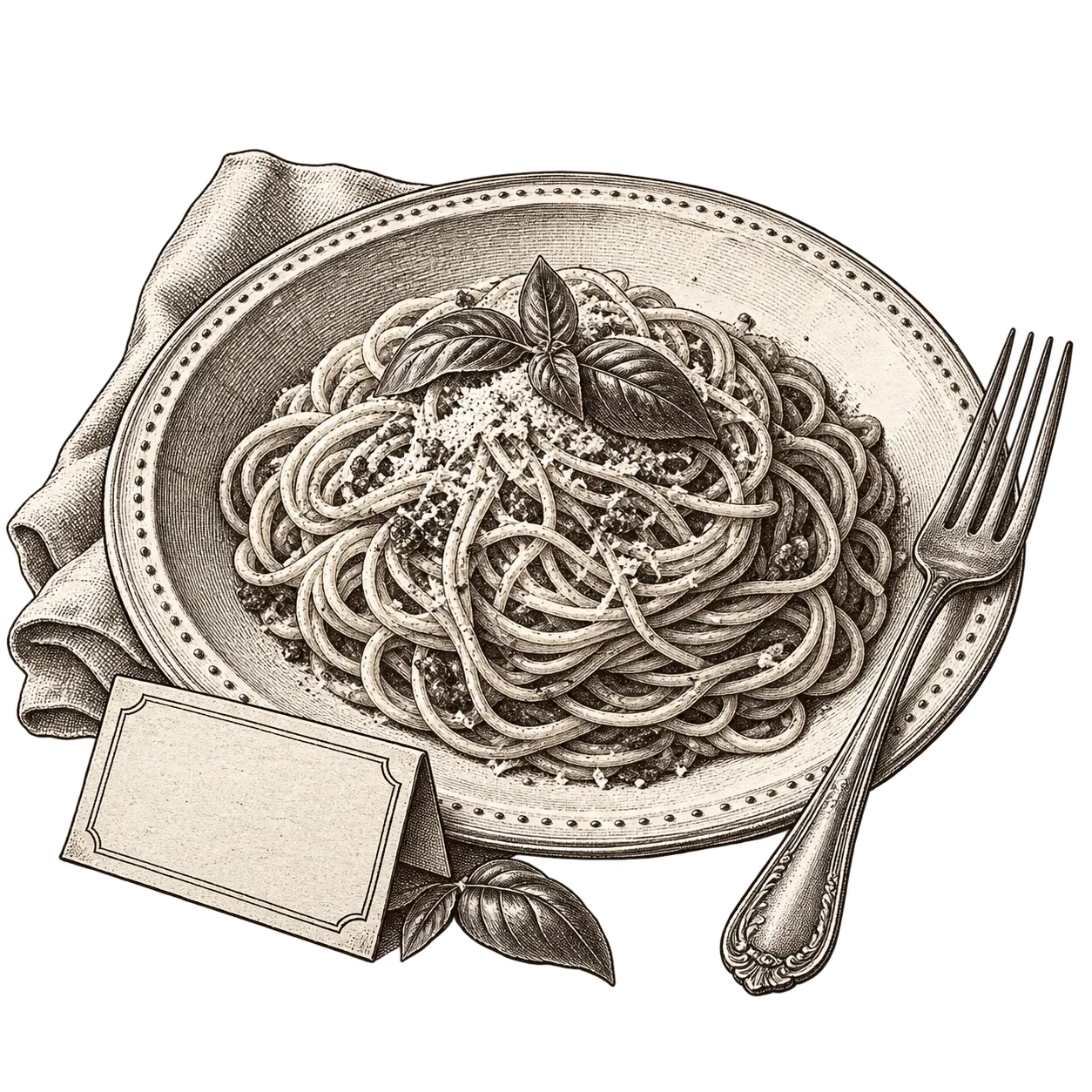 Line illustration of a plate with the menu card