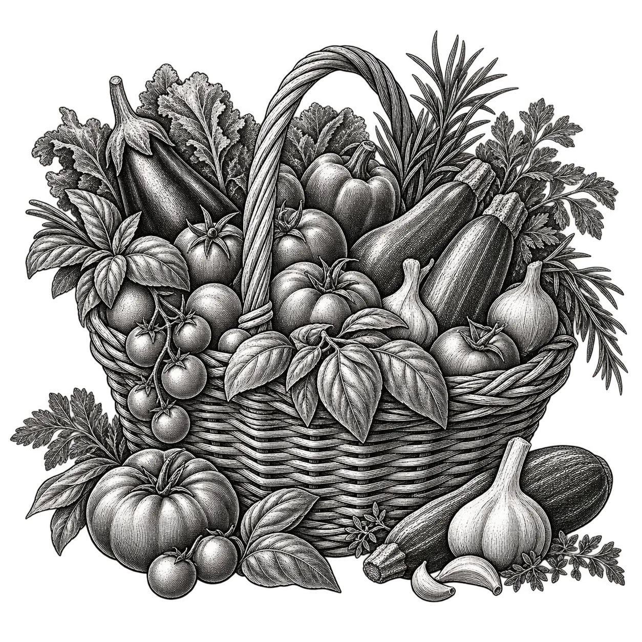 Line illustration of a basket of seasonal produce