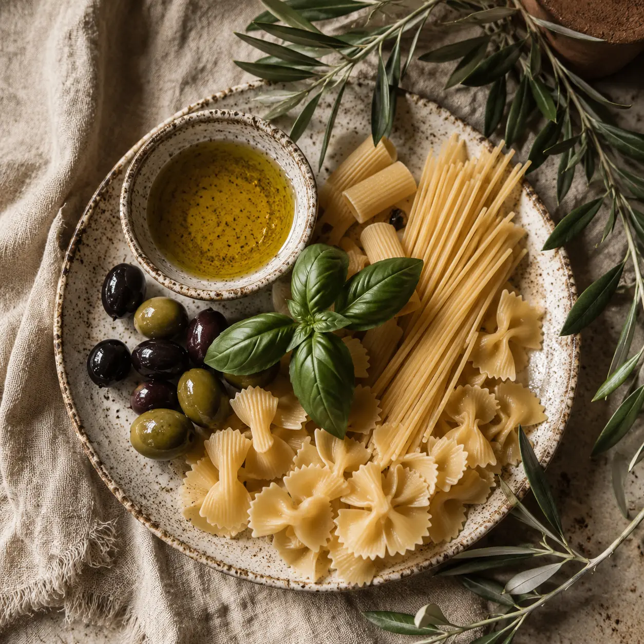 Pasta, olives, and olive oil arranged on a plate